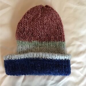 Elegant Knit Reversible Beanie in Blue, Raspberry, and Light Blue